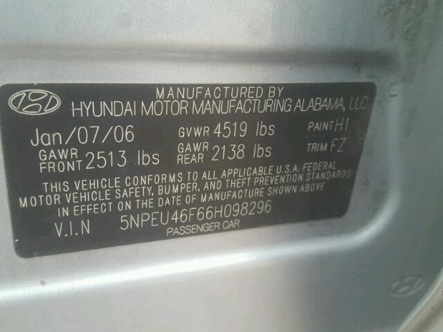 5NPEU46F66H098296 - 2006 HYUNDAI SONATA SILVER photo 10