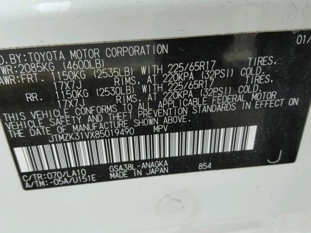 JTMZK31VX85019490 - 2008 TOYOTA RAV4 LIMIT WHITE photo 10