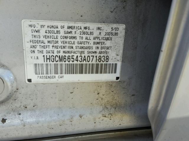 1HGCM66543A071838 - 2003 HONDA ACCORD EX SILVER photo 10