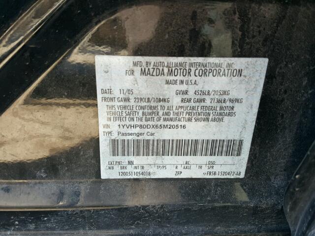 1YVHP80DX65M20516 - 2006 MAZDA 6 S BLACK photo 10