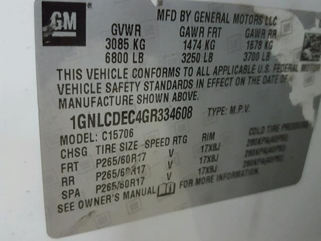 1GNLCDEC4GR334608 - 2016 CHEVROLET TAHOE POLI WHITE photo 10