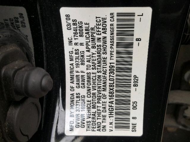 1HGFA168X8L073091 - 2008 HONDA CIVIC EX შავი ფოტო 10