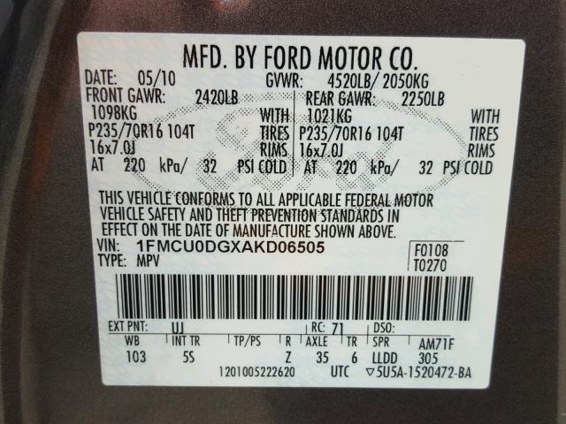 1FMCU0DGXAKD06505 - 2010 FORD ESCAPE XLT GRAY photo 10