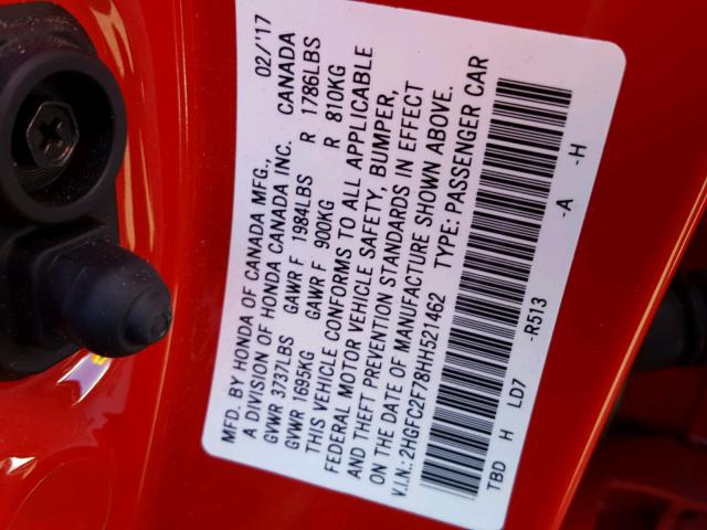 2HGFC2F78HH521462 - 2017 HONDA CIVIC EX RED photo 10