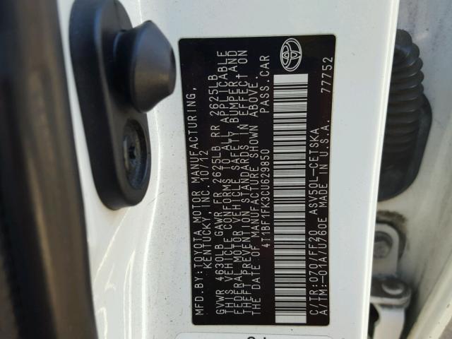 4T1BF1FK3CU629850 - 2012 TOYOTA CAMRY BASE WHITE photo 10