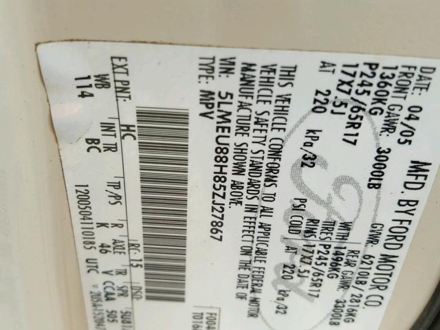 5LMEU88H85ZJ27867 - 2005 LINCOLN AVIATOR 米色 照片 10