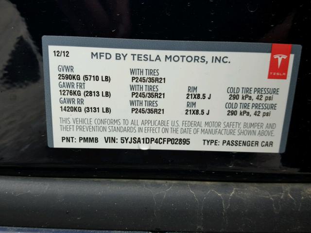 5YJSA1DP4CFP02895 - 2012 TESLA MODEL S BLUE photo 10