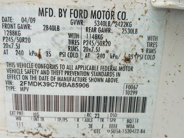 2FMDK39C79BA85906 - 2009 FORD EDGE LIMIT WHITE photo 10