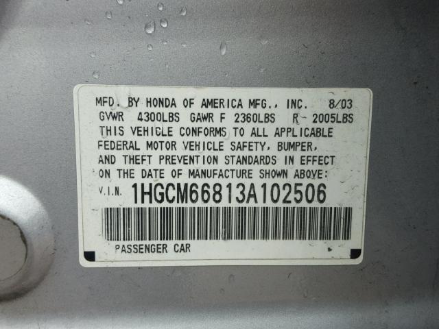 1HGCM66813A102506 - 2003 HONDA ACCORD EX SILVER photo 10