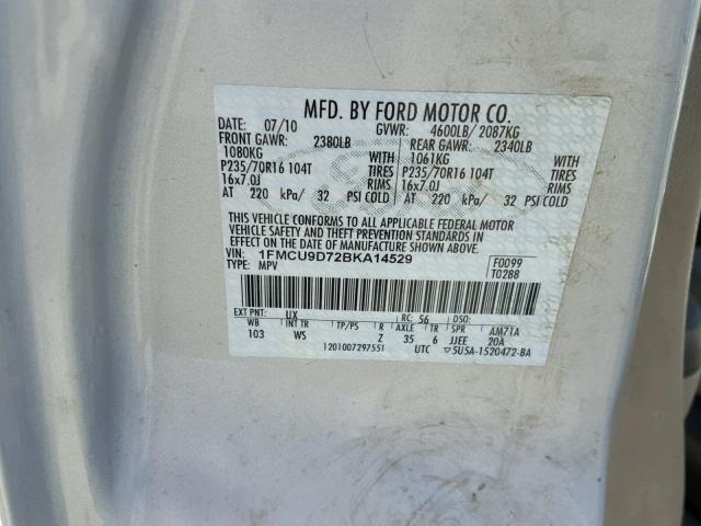 1FMCU9D72BKA14529 - 2011 FORD ESCAPE XLT SILVER photo 10