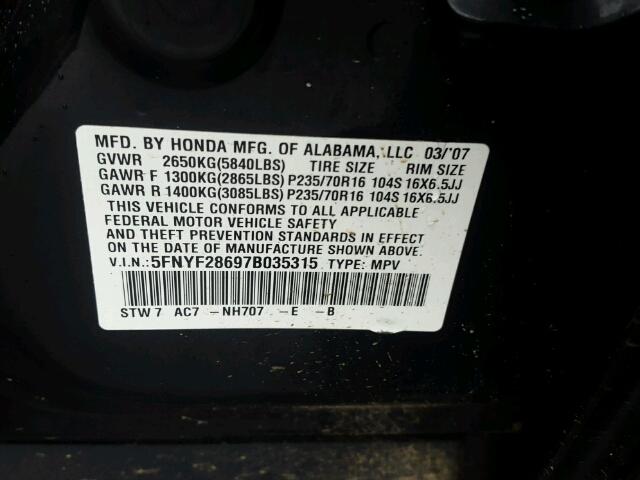 5FNYF28697B035315 - 2007 HONDA PILOT EXL BLACK photo 10