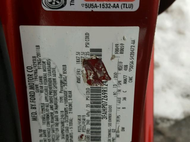 3FAHP07Z69R124618 - 2009 FORD FUSION SE BURGUNDY photo 10