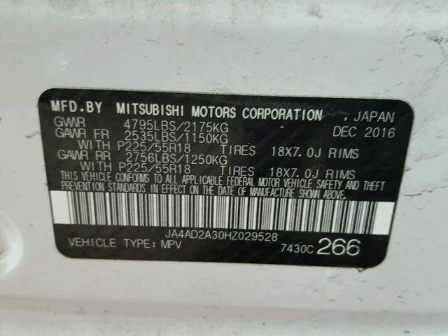 JA4AD2A30HZ029528 - 2017 MITSUBISHI OUTLANDER WHITE photo 10