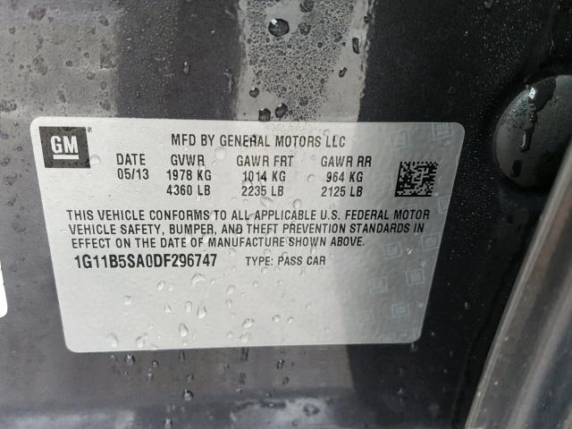 1G11B5SA0DF296747 - 2013 CHEVROLET MALIBU LS ნაცრისფერი ფოტო 10