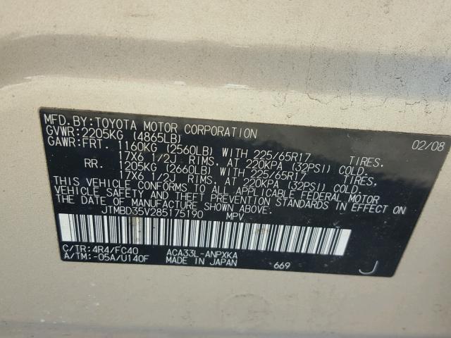 JTMBD35V285175190 - 2008 TOYOTA RAV4 GREEN photo 10