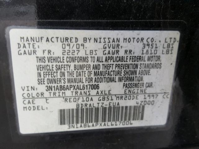 3N1AB6APXAL617006 - 2010 NISSAN SENTRA 2.0 BLACK photo 10