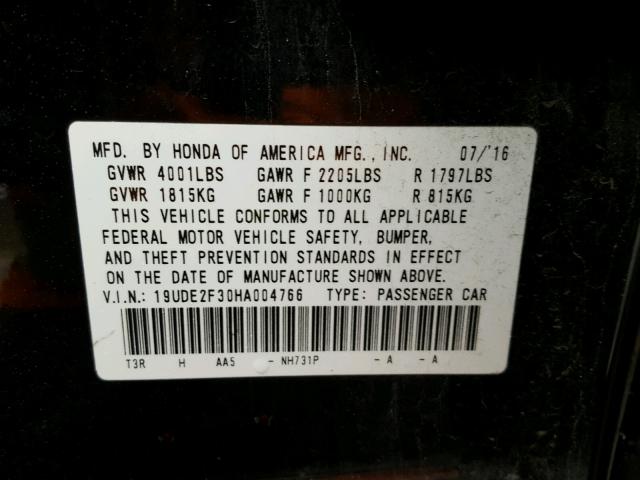 19UDE2F30HA004766 - 2017 ACURA ILX BASE BLACK photo 10