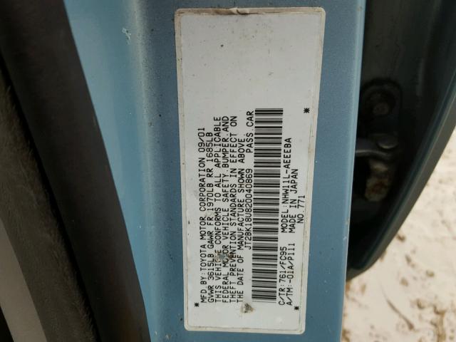 JT2BK18U820040869 - 2002 TOYOTA PRIUS BLUE photo 10