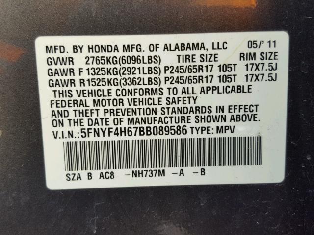 5FNYF4H67BB089586 - 2011 HONDA PILOT EXL GRAY photo 10