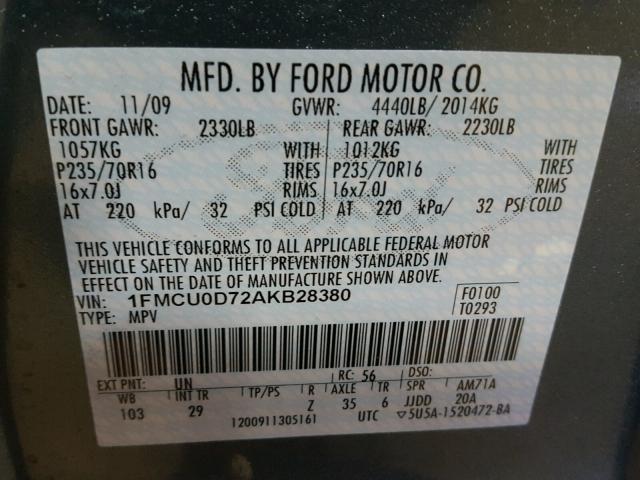 1FMCU0D72AKB28380 - 2010 FORD ESCAPE XLT BLUE photo 10