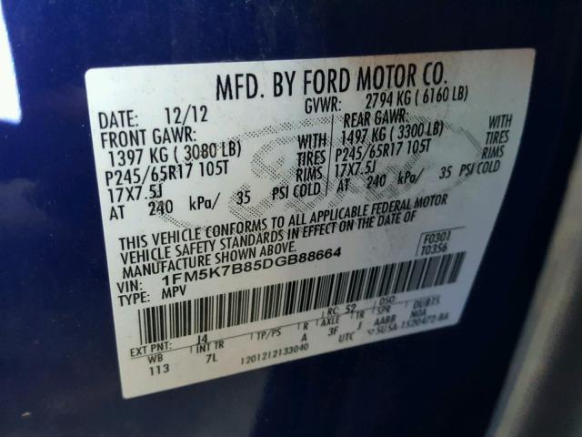 1FM5K7B85DGB88664 - 2013 FORD EXPLORER BLUE photo 10