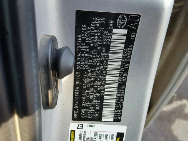 2T1BU40EX9C167615 - 2009 TOYOTA COROLLA BA SILVER photo 10