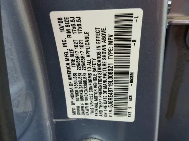 5J6RE48719L008521 - 2009 HONDA CR-V EXL BLUE photo 10