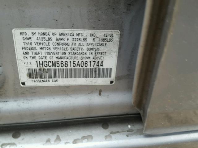 1HGCM56815A061744 - 2005 HONDA ACCORD EX SILVER photo 10