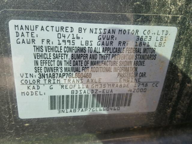 3N1AB7AP7GL660460 - 2016 NISSAN SENTRA S GRAY photo 10