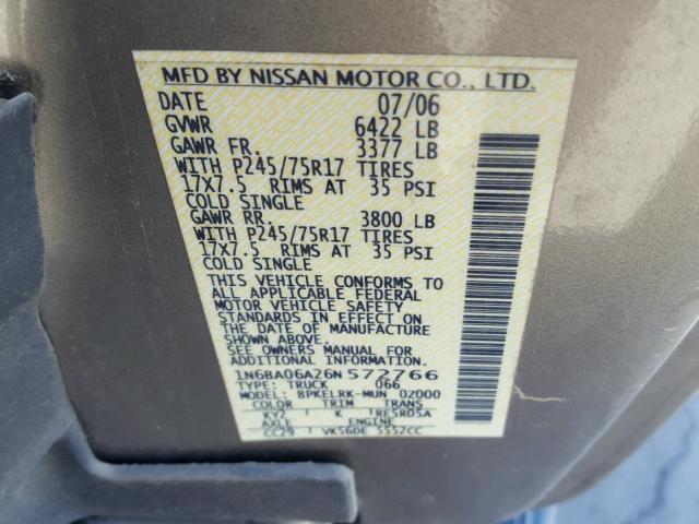 1N6BA06A26N572766 - 2006 NISSAN TITAN XE GRAY photo 10