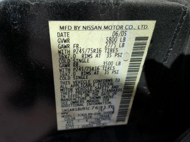 5N1AR18U95C769136 - 2005 NISSAN PATHFINDER BLACK photo 10