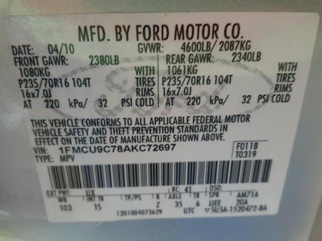 1FMCU9C78AKC72697 - 2010 FORD ESCAPE XLS GRAY photo 10