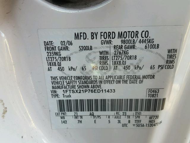 1FTSX21P76ED11433 - 2006 FORD F250 SUPER WHITE photo 10