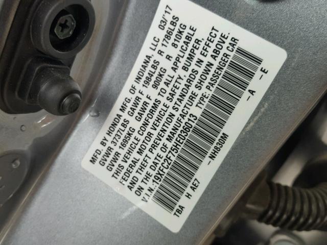 19XFC2F75HE036013 - 2017 HONDA CIVIC EX SILVER photo 10