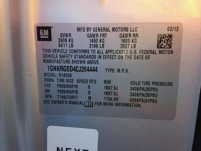 1GNKRGED4CJ264444 - 2012 CHEVROLET TRAVERSE L SILVER photo 10