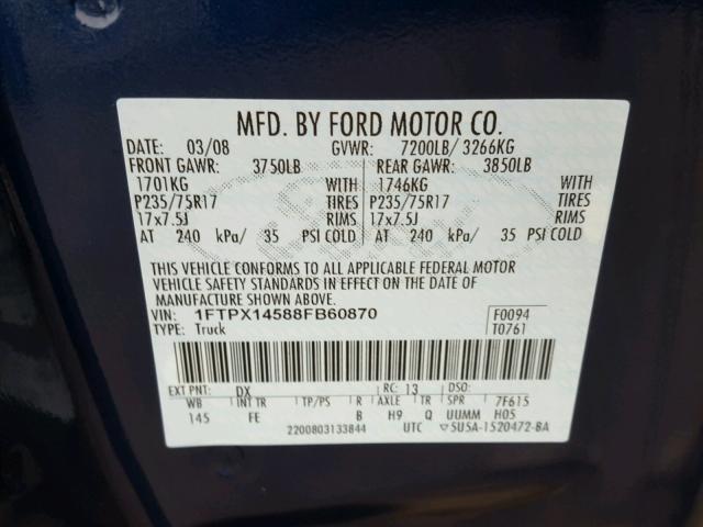 1FTPX14588FB60870 - 2008 FORD F150 BLUE photo 10