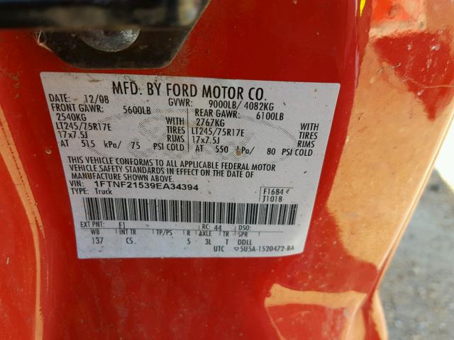 1FTNF21539EA34394 - 2009 FORD F250 SUPER RED photo 10