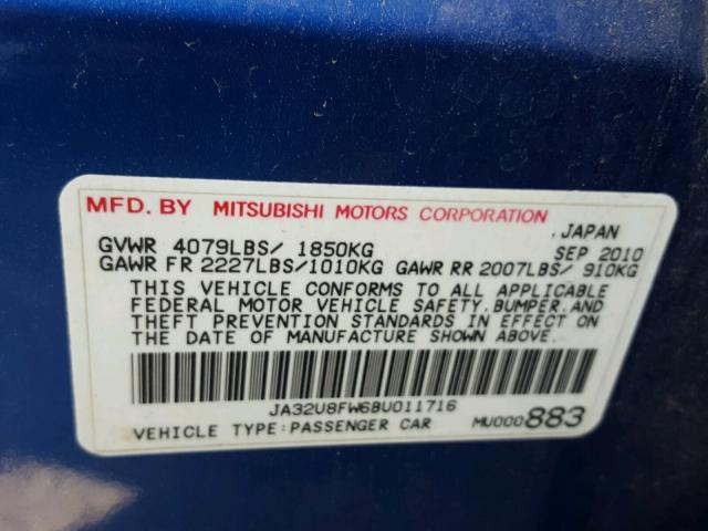 JA32U8FW6BU011716 - 2011 MITSUBISHI LANCER GTS BLUE photo 10