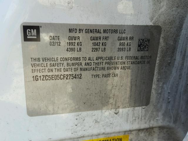 1G1ZC5E05CF275412 - 2012 CHEVROLET MALIBU 1LT 白色 照片 10