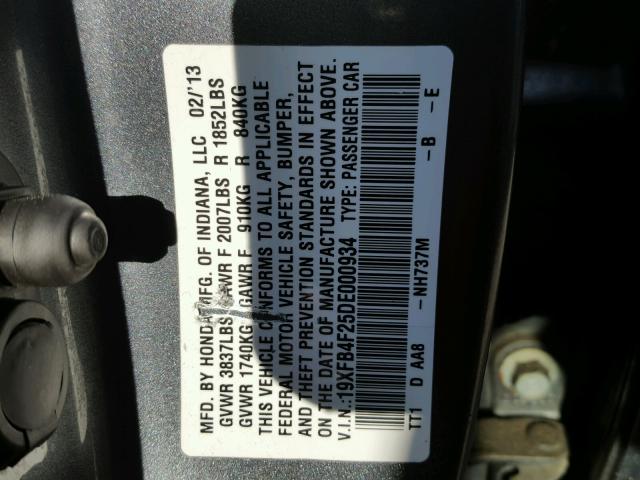 19XFB4F25DE000934 - 2013 HONDA CIVIC HYBR GRAY photo 10