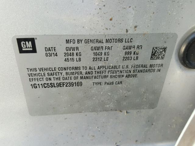 1G11C5SL9EF239169 - 2014 CHEVROLET MALIBU 1LT SILVER photo 10