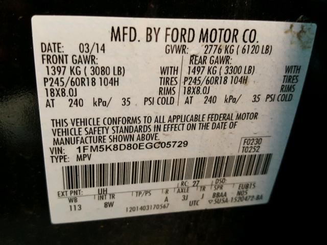 1FM5K8D80EGC05729 - 2014 FORD EXPLORER X BLACK photo 10