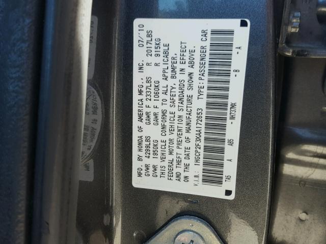 1HGCP2F3XAA172653 - 2010 HONDA ACCORD LX GRAY photo 10