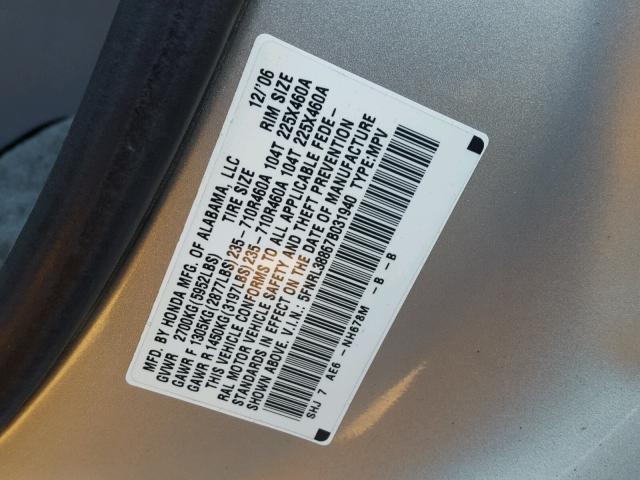 5FNRL38867B031940 - 2007 HONDA ODYSSEY TO SILVER photo 10