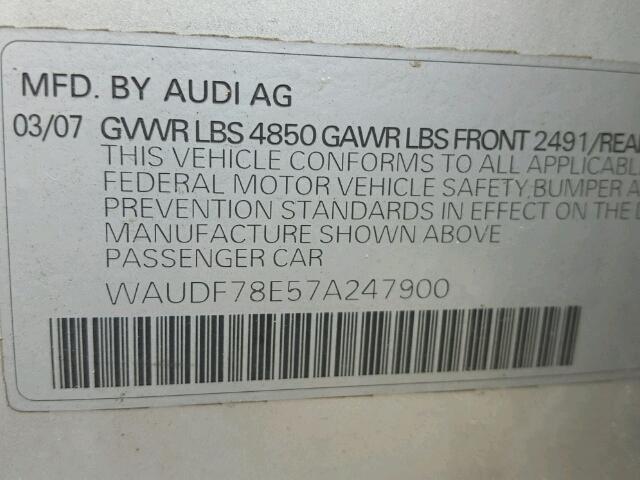 WAUDF78E57A247900 - 2007 AUDI A4 2.0T QU SILVER photo 10