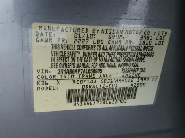 3N1AB6AP7AL658905 - 2010 NISSAN SENTRA 2.0 GRAY photo 10