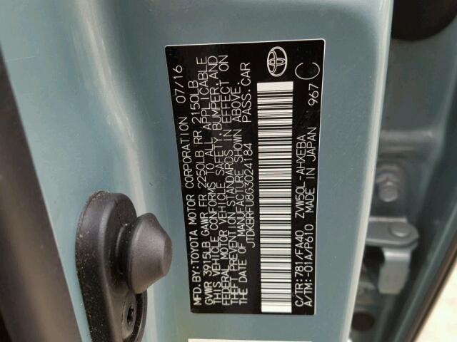 JTDKBRFU8G3024184 - 2016 TOYOTA PRIUS BLUE photo 10