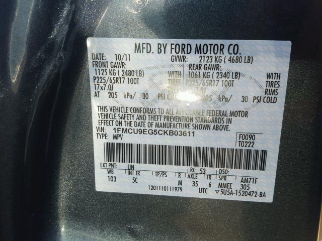 1FMCU9EG5CKB03611 - 2012 FORD ESCAPE LIM BLUE photo 10