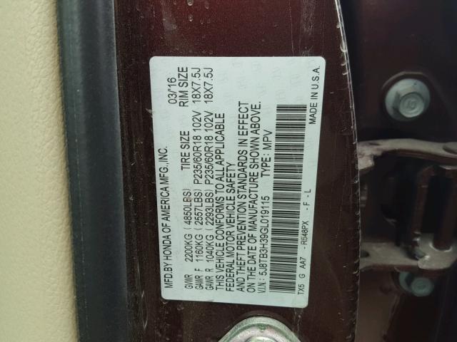 5J8TB3H39GL019115 - 2016 ACURA RDX BASE RED photo 10