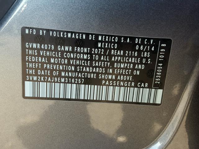 3VW2K7AJ9EM316257 - 2014 VOLKSWAGEN JETTA BASE 灰色 照片 10